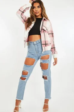Rebellious Fashion Pink Check Zip Front Bomber Jacket - Luna