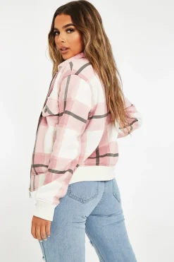 Rebellious Fashion Pink Check Zip Front Bomber Jacket - Luna