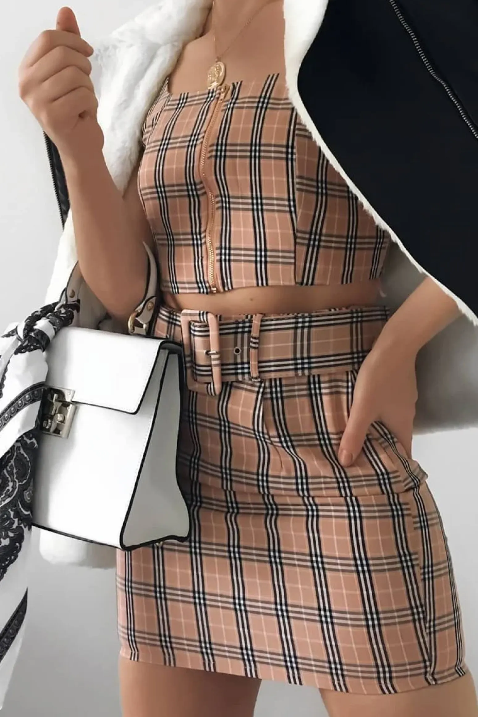 Rebellious Fashion Pink Check Zip Front Bralet Belted Skirt Co-Ord - Cherise