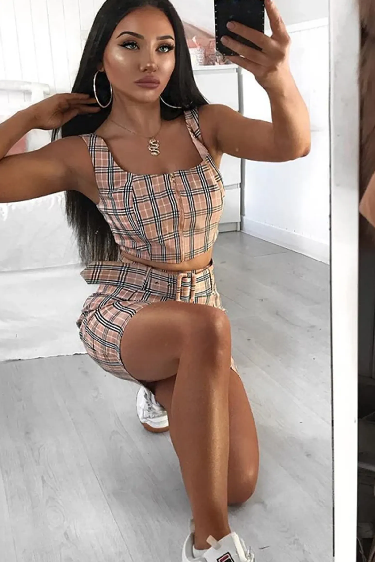 Rebellious Fashion Pink Check Zip Front Bralet Belted Skirt Co-Ord - Cherise
