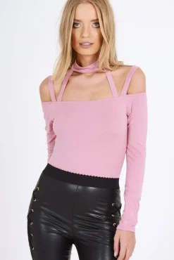 Rebellious Fashion Pink Choker Neck Strappy Bodysuit - Jenny