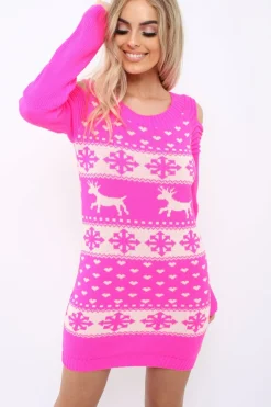 Rebellious Fashion Pink Christmas Print Jumper Dress - Kleo