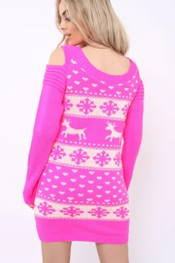 Rebellious Fashion Pink Christmas Print Jumper Dress - Kleo