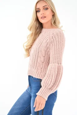Rebellious Fashion Pink Chunky Knit Balloon Sleeve Jumper - Rielynn