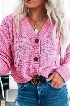 Rebellious Fashion Pink Chunky Knit Button Up Crop Cardigan - Elly