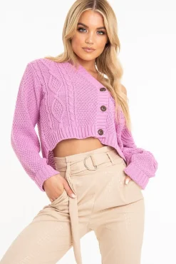 Rebellious Fashion Pink Chunky Knit Button Up Crop Cardigan - Elly