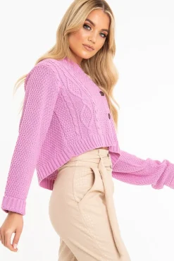 Rebellious Fashion Pink Chunky Knit Button Up Crop Cardigan - Elly