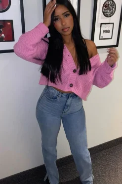Rebellious Fashion Pink Chunky Knit Button Up Crop Cardigan - Elly
