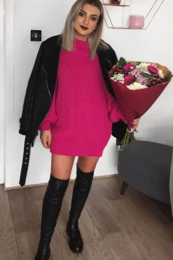 Rebellious Fashion Pink Chunky Knit Jumper Dress - Maci