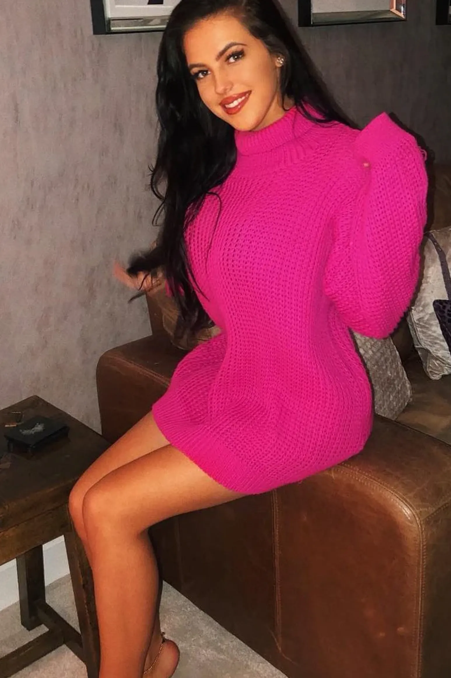 Rebellious Fashion Pink Chunky Knit Jumper Dress - Maci