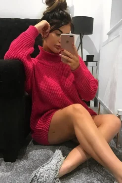 Rebellious Fashion Pink Chunky Knit Jumper Dress - Maci