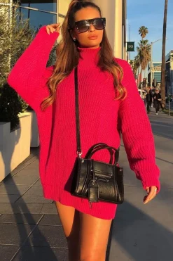 Rebellious Fashion Pink Chunky Knit Jumper Dress - Maci