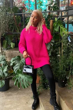 Rebellious Fashion Pink Chunky Knit Jumper Dress - Maci