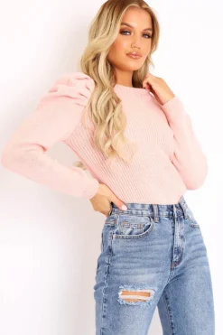 Rebellious Fashion Pink Chunky Knit Puff Sleeve Jumper - Hannahmae