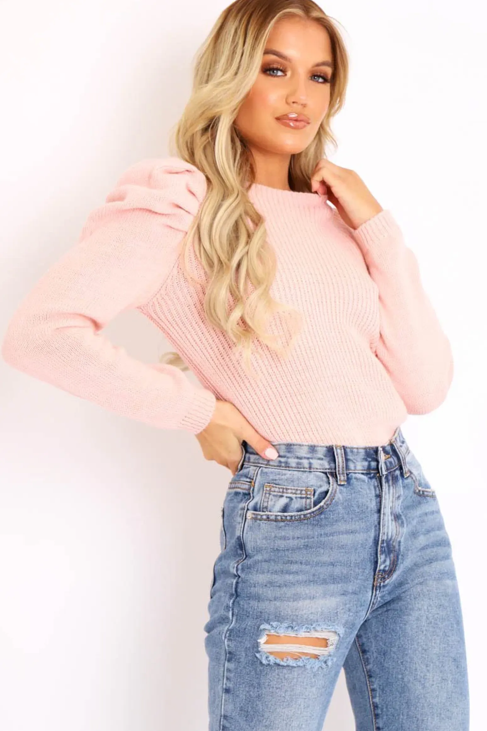 Rebellious Fashion Pink Chunky Knit Puff Sleeve Jumper - Hannahmae