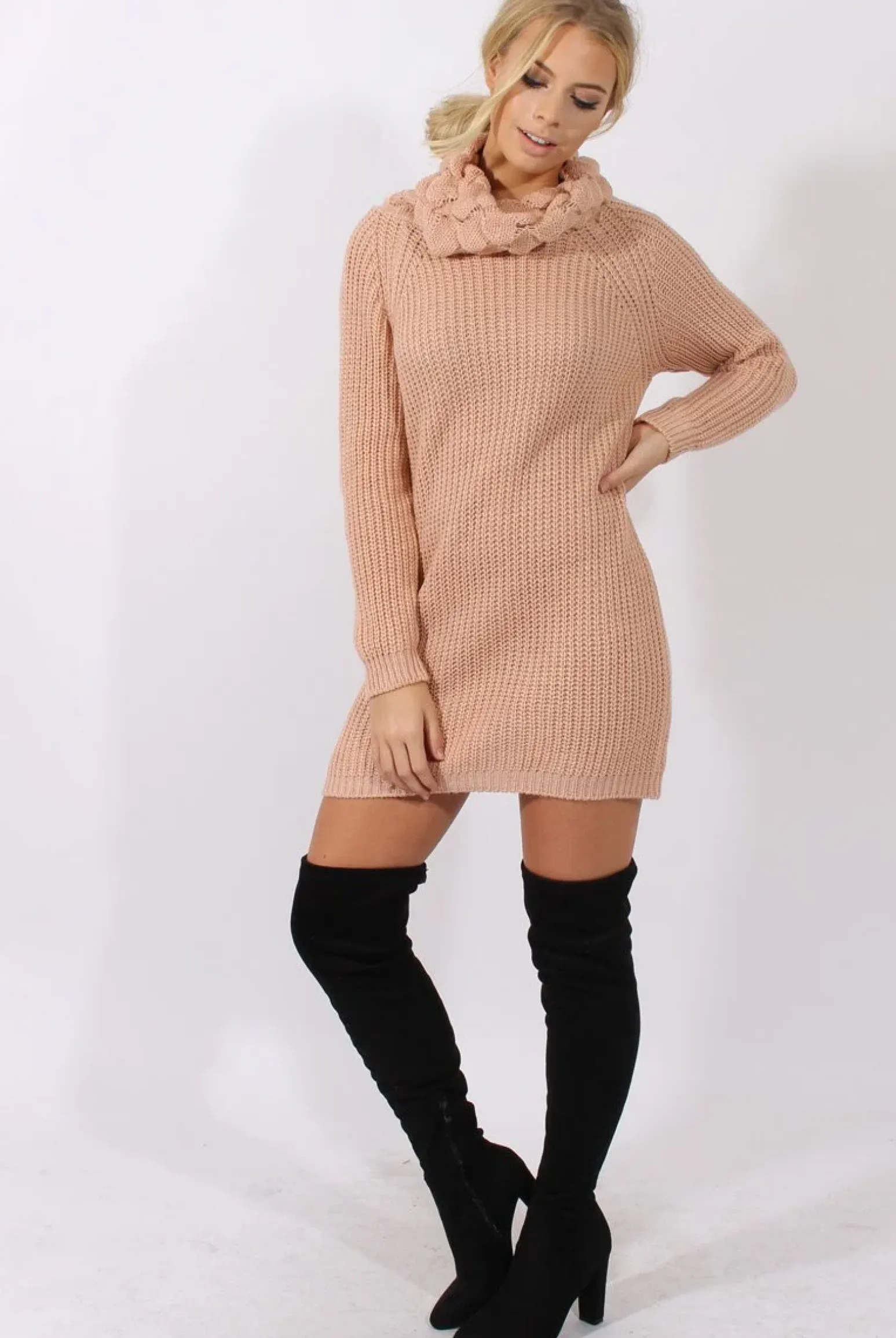 Rebellious Fashion Pink Chunky Turtleneck Knit Jumper Dress - Cloe