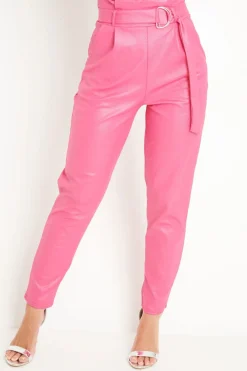 Rebellious Fashion Pink Coated Belted Tapered Trousers - Reyna