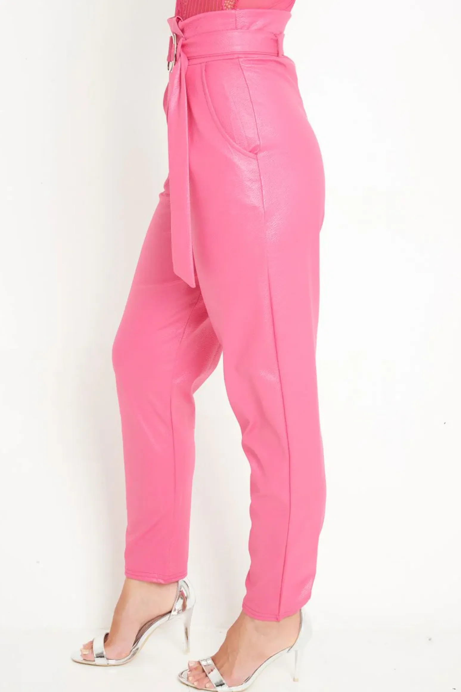 Rebellious Fashion Pink Coated Belted Tapered Trousers - Reyna