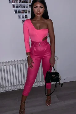 Rebellious Fashion Pink Coated Belted Tapered Trousers - Reyna