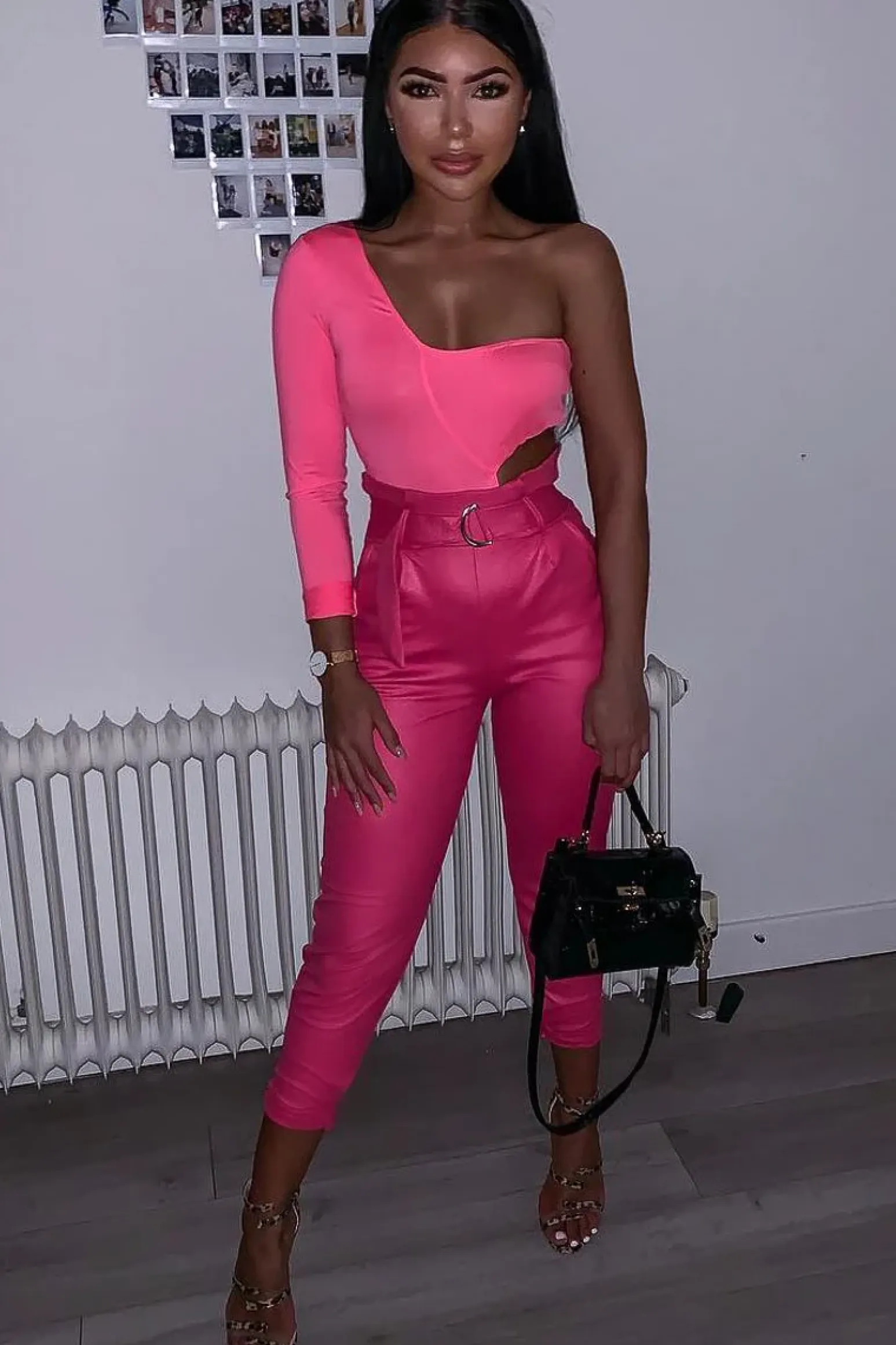 Rebellious Fashion Pink Coated Belted Tapered Trousers - Reyna