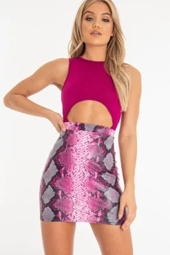 Rebellious Fashion Pink Coated Snake Print Bodycon Mini Skirt - Gigi