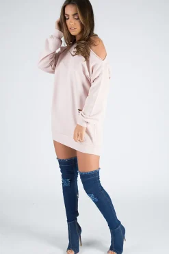 Rebellious Fashion Pink Cold Shoulder Distressed Jumper Dress - Kylie