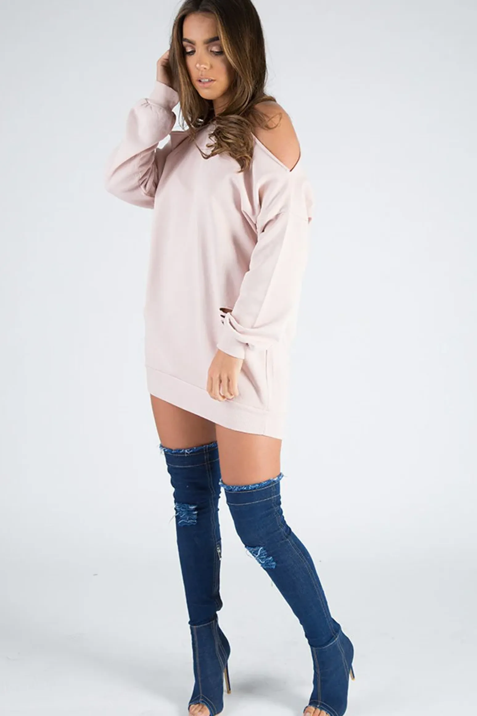 Rebellious Fashion Pink Cold Shoulder Distressed Jumper Dress - Kylie