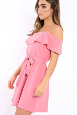 Rebellious Fashion Pink Cold Shoulder Frill Tie Waist Dress - Selah