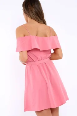 Rebellious Fashion Pink Cold Shoulder Frill Tie Waist Dress - Selah