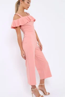 Rebellious Fashion Pink Cold Shoulder Jumpsuit - Linora