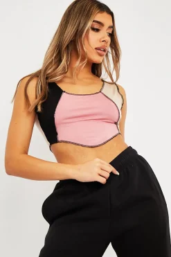 Rebellious Fashion Pink Colour Block Exposed Seam Crop Top - Naloni
