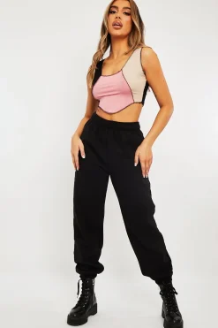Rebellious Fashion Pink Colour Block Exposed Seam Crop Top - Naloni