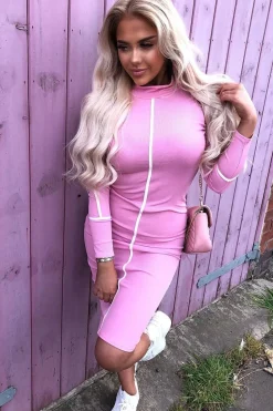 Rebellious Fashion Pink Contrast Stripe Detail High Neck Midi Dress - Niana