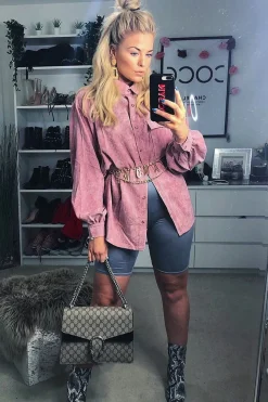 Rebellious Fashion Pink Corduroy Button Front Long Sleeve Shirt - Falcon