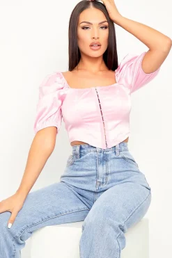 Rebellious Fashion Pink Corset Satin Hook and Eye Crop Top - Andreia