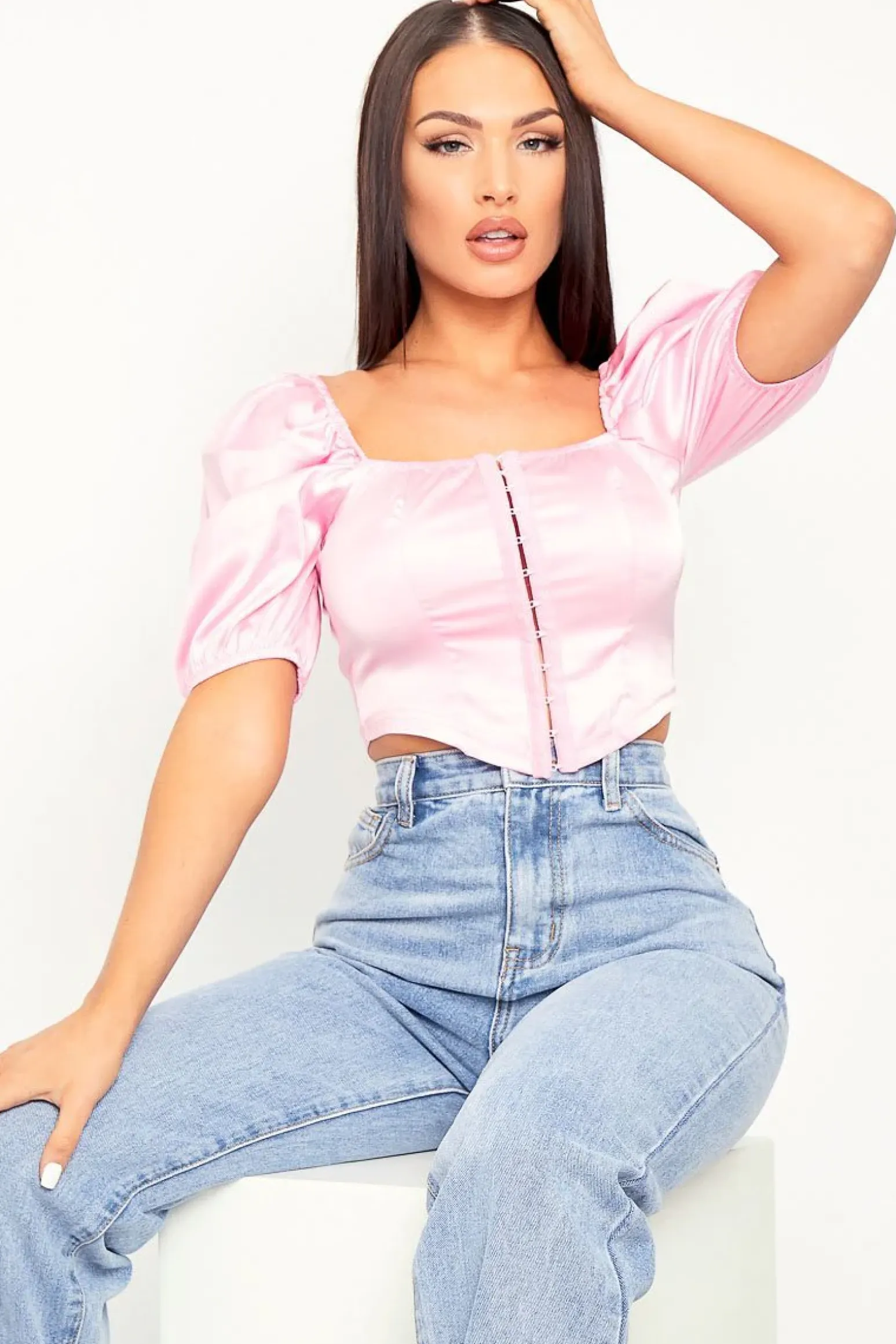 Rebellious Fashion Pink Corset Satin Hook and Eye Crop Top - Andreia