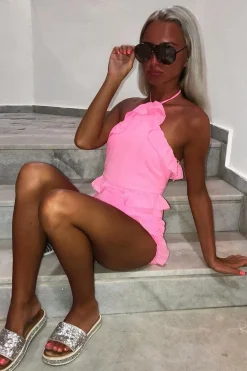 Rebellious Fashion Pink Crepe Frill Playsuit - Luanna