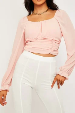 Rebellious Fashion Pink Crepe Ruched Panel Crop Top - Laurie