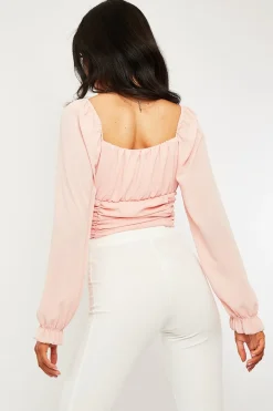 Rebellious Fashion Pink Crepe Ruched Panel Crop Top - Laurie