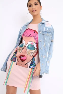 Rebellious Fashion Pink Crew Neck Girls Face T-shirt Dress with Tassels - Sway