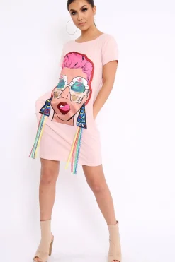 Rebellious Fashion Pink Crew Neck Girls Face T-shirt Dress with Tassels - Sway