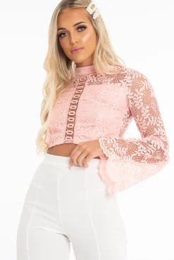 Rebellious Fashion Pink Crochet Lace Bell Sleeve Crop Top - Taylor
