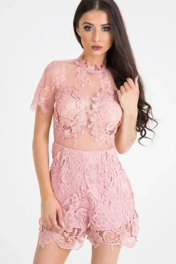 Rebellious Fashion Pink Crochet Playsuit - Afia