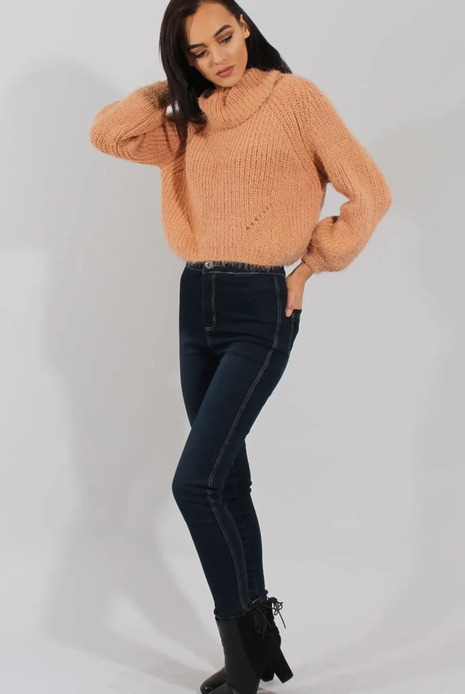 Rebellious Fashion Pink Cropped Roll Neck Jumper - Sophia