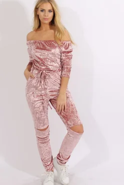 Rebellious Fashion Pink Crushed Velvet Bardot Split Knee Jumpsuit - Binky