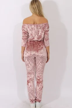 Rebellious Fashion Pink Crushed Velvet Bardot Split Knee Jumpsuit - Binky
