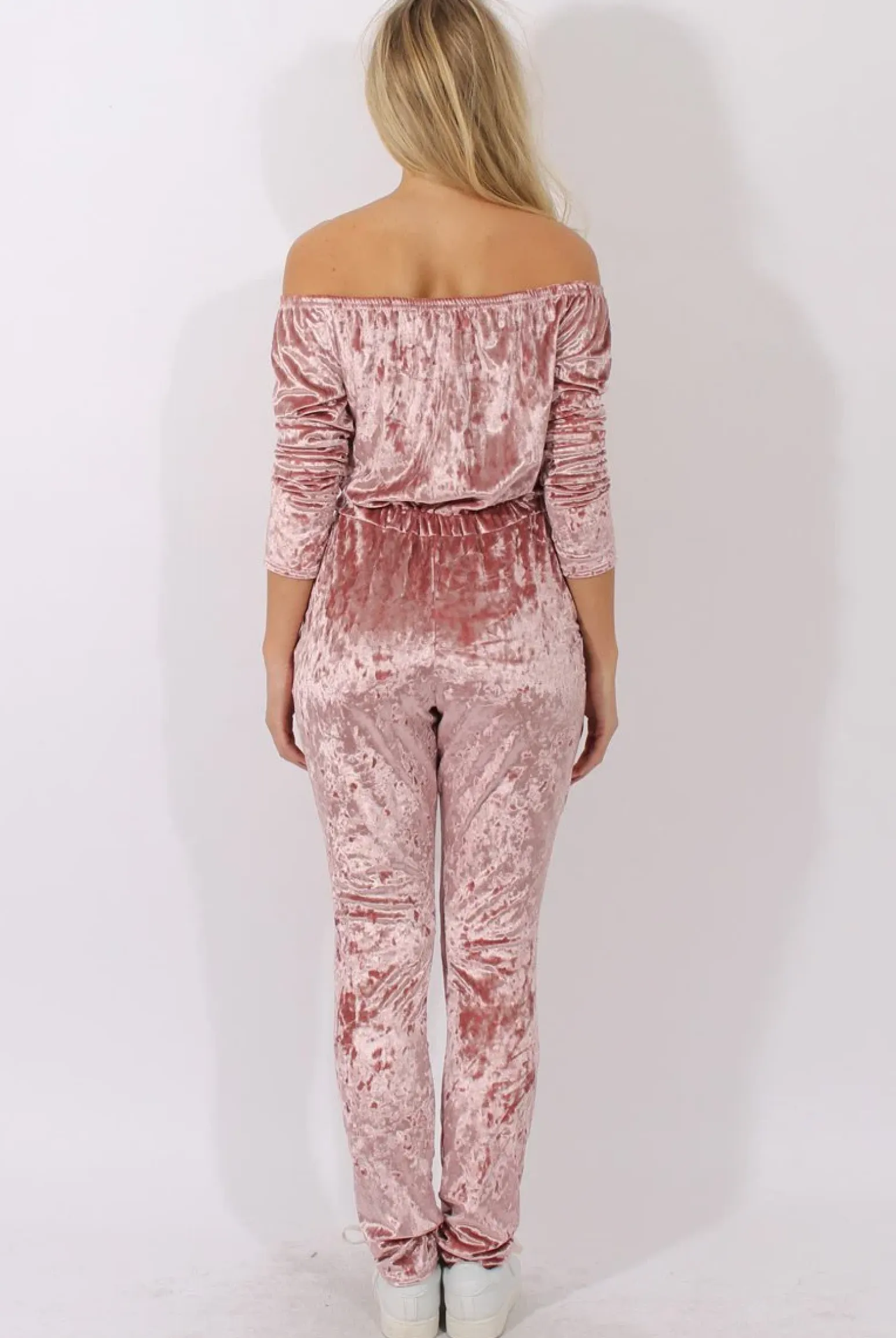 Rebellious Fashion Pink Crushed Velvet Bardot Split Knee Jumpsuit - Binky