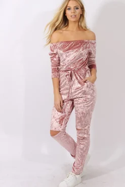 Rebellious Fashion Pink Crushed Velvet Bardot Split Knee Jumpsuit - Binky