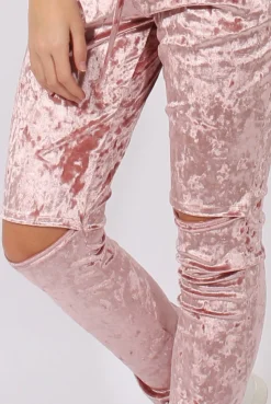 Rebellious Fashion Pink Crushed Velvet Bardot Split Knee Jumpsuit - Binky
