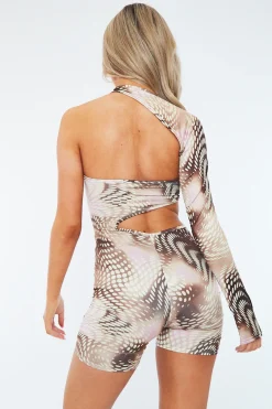 Rebellious Fashion Pink Cut Out Spot Print One Sleeve Playsuit - River